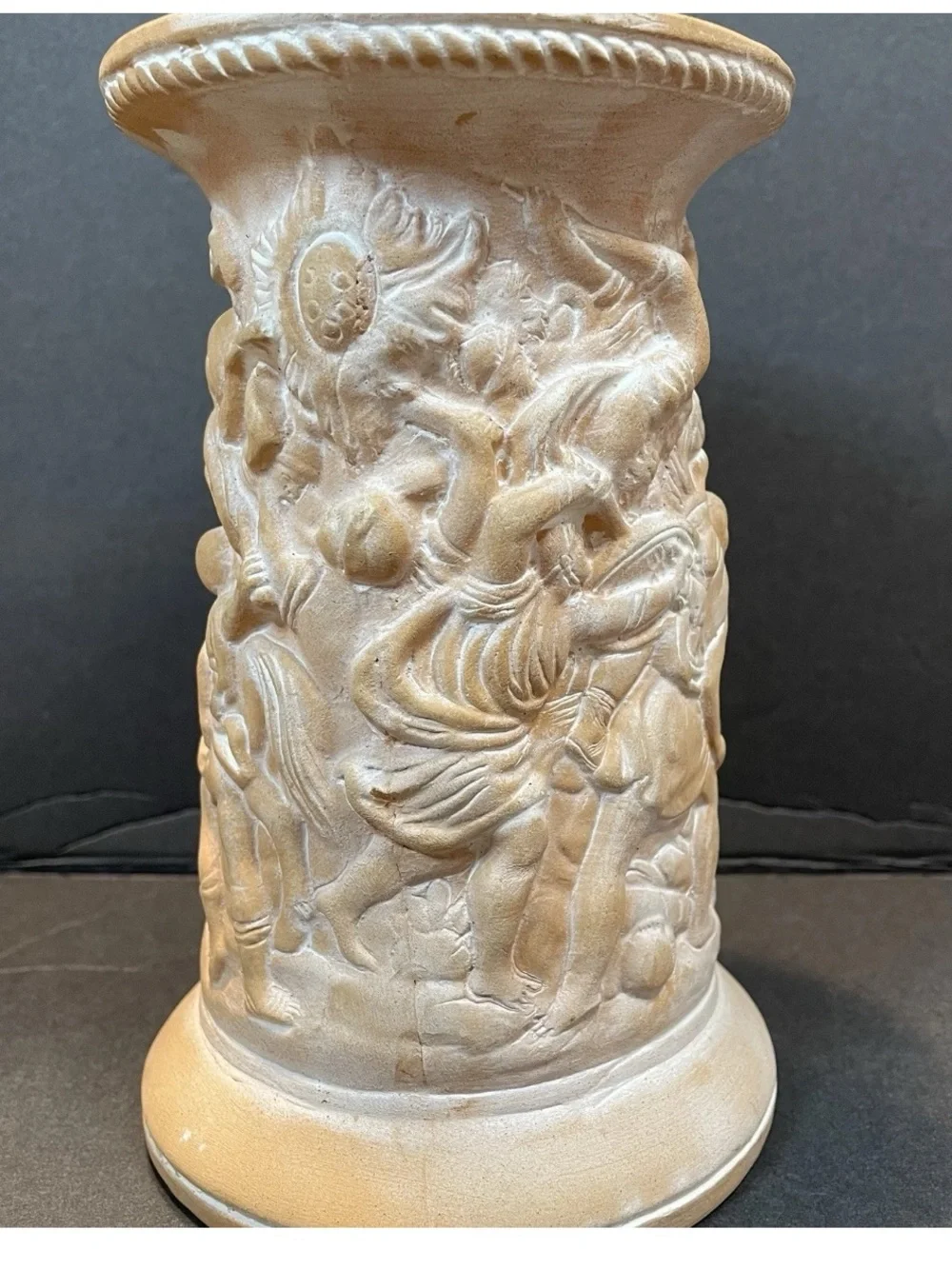 Italian Terracotta Vase Roman Gladiator  Relief Carving White Powder Patina